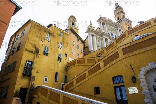 Town with colourful houses by the sea, Menton, Alpes Maritimes, Provence Alpes Cote d'Azur, French Riviera, South of France, France