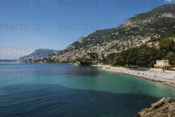 View of Roquebrune and Monaco, Plage du Golfe Bleu, Alpes Maritimes, Provence Alpes Cote d'Azur, French Riviera, South of France, France