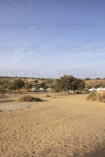 Desert camp or tented camp in the Thar Desert or Great Indian Desert, near Jaisalmer, Rajasthan, India