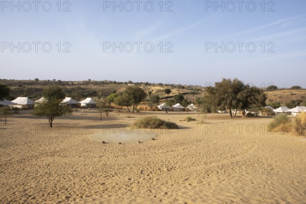 Desert camp or tented camp in the Thar Desert or Great Indian Desert, near Jaisalmer, Rajasthan, India
