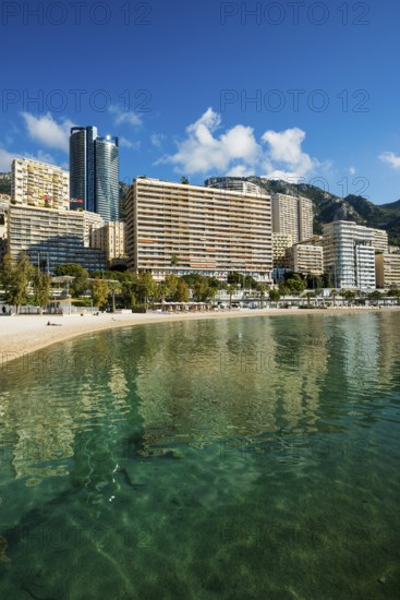 Panorama, Skyline with skyscrapers and beach, Plage du Larvotto, Monte Carlo, Cote d'Azur, Monaco