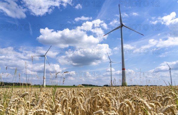 Rheurdt wind farm, south of Ismus, 3 Enercon E-115, behind Enercon E-160 WTGs, wind turbines, North Rhine-Westphalia, Germany