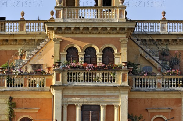 Magnificent city villa Palazzo Rosi with terraces, balconies, balustrades, stairs, arches, columns, floral decorations, Belle Epoque, Art Nouveau, historic centre, Bracciano, metropolitan city of Rome, Lazio, Italy
