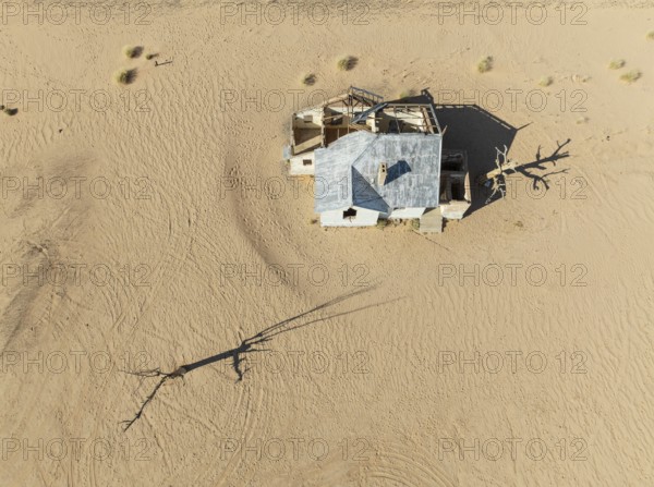 The long abandoned Garum train station in the southern Namib Desert. Aerial view. Drone shot. Namibia