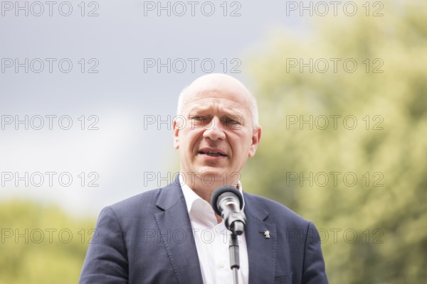Kai Wegner (Governing Mayor of Berlin) gives a speech in front of the raising of the rainbow flag for Pride Week in front of the Rotes Rathaus in Berlin on 9 July 2025