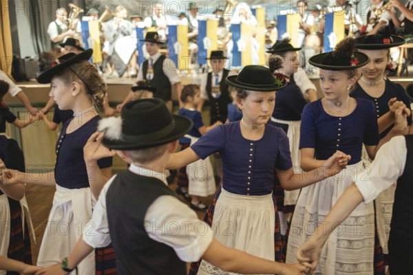 Traditional traditional costume anniversary of the Trachtenverein Schliersee Stamm 1888, dance in the hall of the Bauerntheater, Schliersee, Upper Bavaria, Bavaria, Germany, 2025