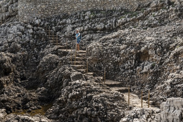 Picturesque wild hiking trail on the coast, Sentier du Littoral, Cap d'Antibes, Antibes, Provence Alpes Côte d'Azur, South of France, France