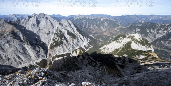 Mountain panorama from the summit of the Gamsjoch, view of Laliderer Tal and Rißtal with summit Laliderer Falk, Rißtal in the Eng, Karwendel, Tyrol, Austria