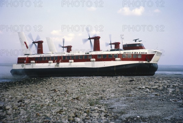 Hoverlloyd SR N4 model hovercraft 'Sure' at Pegwell Bay, Ramsgate Hoverport, Kent, England, UK 1970