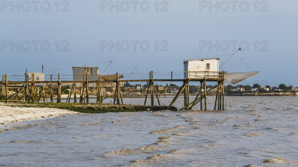 Fishing huts over Randonnee entre Histoire et Nature from a drone, Fouras, Fouras-les-Bains, Charente-Maritime, Nouvelle-Aquitaine, France