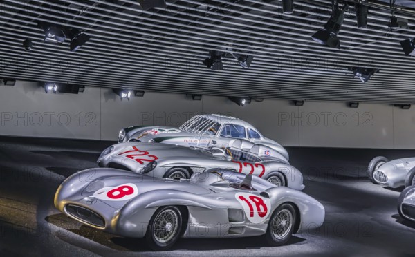 The Mercedes-Benz Museum in Stuttgart presents a journey through the automotive history of the global corporation. Myth 7: Racing cars and Silver Arrows - races and records. The history of the Mercedes star begins with the first automobile in 1886. Stuttgart, Baden-Württemberg, Germany