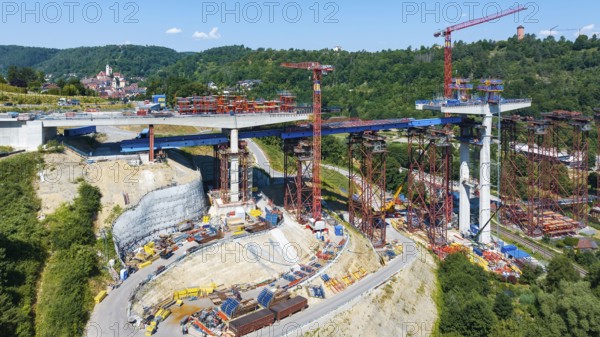 Horb high bridge construction site. Once completed in 2028, the bridge will relieve the town of Horb of through traffic. The 667-metre-long and up to 90-metre-high Neckar Valley Bridge on the B 32 federal road is set to cost around 167 million euros. Horb, Baden-Württemberg, Germany