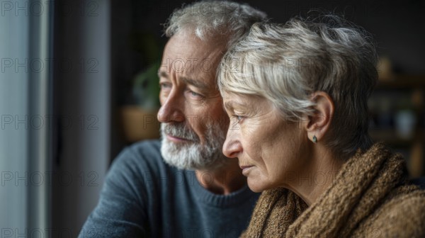 Senior couple grieving. Senior couple with health concerns or trouble in their lives or family, AI generated