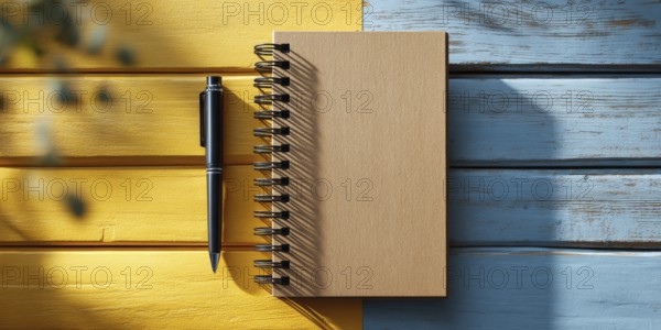 Minimalistic flat lay of office workflow productivity tools that improve efficiency and saving time and resources. Pen and notebook, AI generated