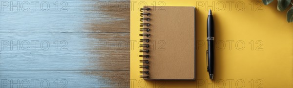 Minimalistic flat lay of office workflow productivity tools that improve efficiency and saving time and resources. Pen and notebook, AI generated