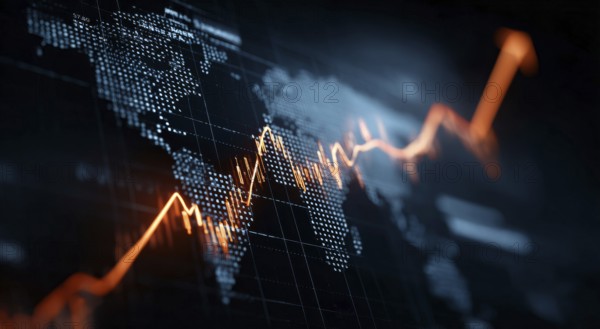 Stock market and economy growth trend fluctuations. Advanced graph business analytic tool that shows economy trends and charts in international global commerce, AI generated
