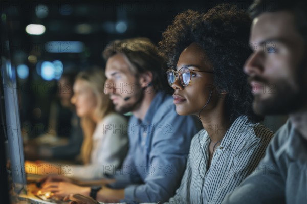 Diverse employees in corporate environment support center analyzing data and helping customers to resolve issues, AI generated