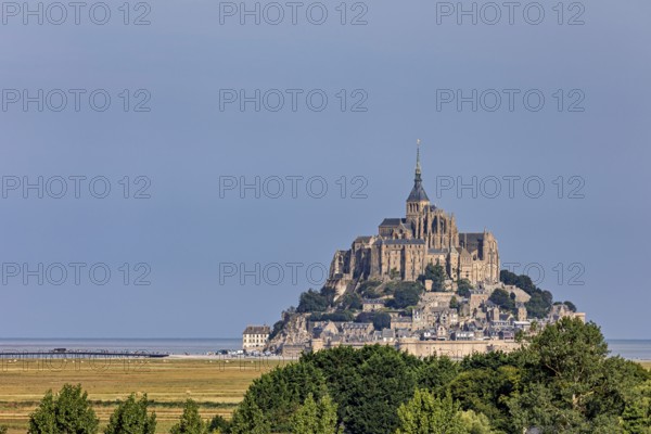 A castle sits majestically on the horizon, framed by trees and a clear sky, Mont Saint Michel in Normandy, France