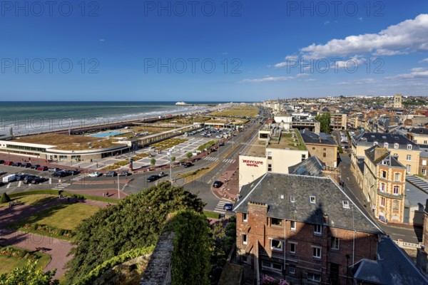 Panoramic view of the town and coast with promenade and hotels under a clear sky, The town of Dieppe in Normandy, France