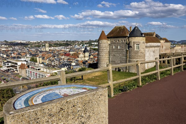 Castle with city view in the background, under a blue sky with white clouds, wide view of the city surroundings, Dieppe Castle in Normandy, France