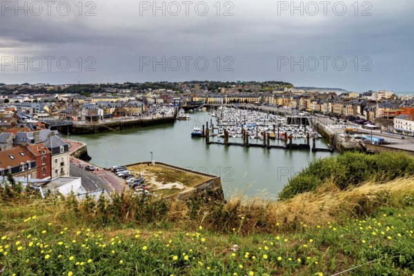 Panoramic view of a harbour town with many boats and green plants in the foreground under a grey sky, The port of Dieppe in Normandy, France