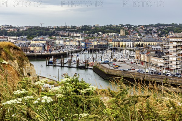 Harbour town with moored boats, colourful buildings and green plants under a cloudy sky, The harbour of Dieppe in Normandy, France