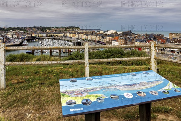 View from a viewpoint with information sign over a harbour and the coast, The harbour of Dieppe in Normandy, France