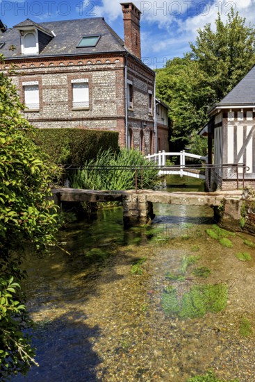 A traditional brick house next to a clear canal with vegetation under a blue sky, The historic mill village of Veules Les Roses in Normandy, France