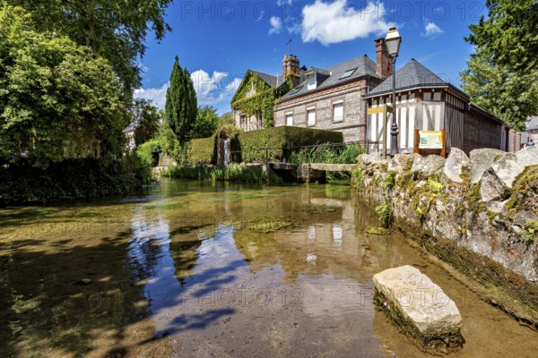 A water-rich courtyard with a historic building and vegetation under a blue sky, the historic mill village of Veules Les Roses in Normandy, France