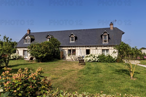 Half-timbered house in a rural setting with a green meadow and flowering plants under a bright sky, Historic houses in Normandy in France