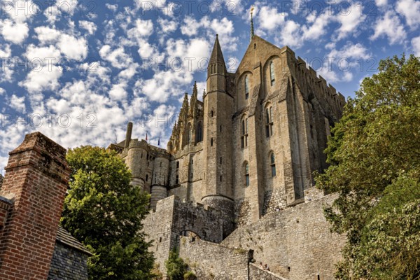 Close-up of a Gothic castle against a cloudy sky, surrounded by trees and tiled roofs, Mont Saint Michel in Normandy, France