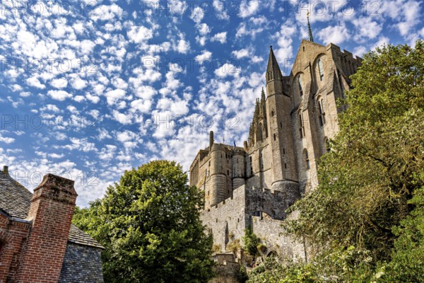 Medieval castle rises dramatically into the sky, framed by green trees and old buildings, Mont Saint Michel in Normandy, France