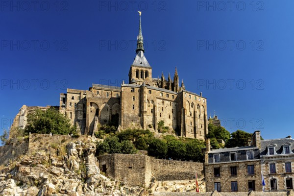 An impressive view of the Mont Saint-Michel castle complex on a clear day, Mont Saint Michel in Normandy, France