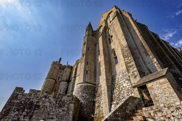 Close-up of the architecture of Mont Saint-Michel from a low perspective, Mont Saint Michel in Normandy, France