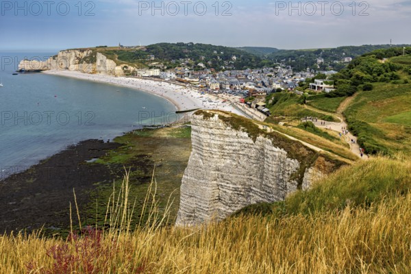 Landscape with high cliffs, meadows and a coastal town in the background, The cliffs and alabaster coast of Etretat in Normandy France