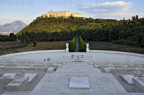 Cemetery of Polish soldiers, World War II military cemetery, memorial site under the Benedictine Abbey of Montecassino on Monte Cassino, Cassino, Frosinone, Lazio, Italy