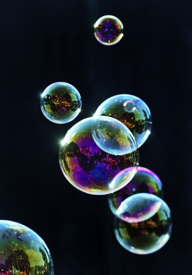 Iridescent soap bubbles in the colours of the rainbow against a black background, Recklinghausen, North Rhine-Westphalia, Germany