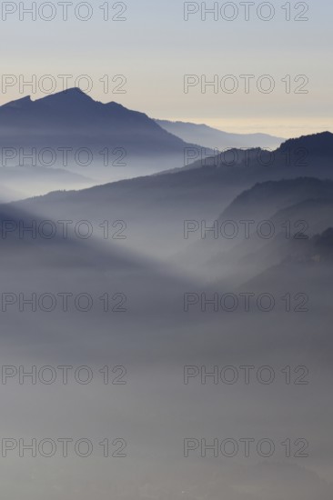 Mountain silhouettes... Alpine peaks and mountain ranges in the Bavarian Alps, light fog rises from the valleys, which creates an idyllic atmosphere in the light of the low sun, romantic view from Oberstdorf towards Kleinwalsertal, local nature, Bavaria, Allgäu, Allgäu Alps, Bavarian, Germany, Western Europe