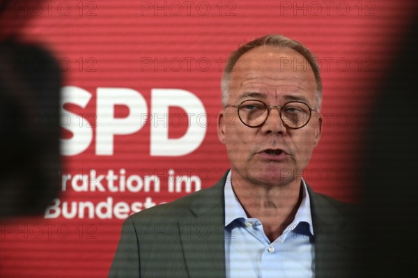 Matthias Miersch, Chairman of the SPD parliamentary group, at the press statement in front of the parliamentary group meeting room in the Reichstag