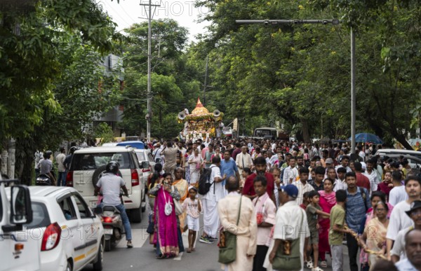 Hindu devotees takes part in Rath Yatra religious procession Guwahati, India on June 27, 2025. Rath Yatra, also known as the Chariot Festival, is a major Hindu festival celebrated in India