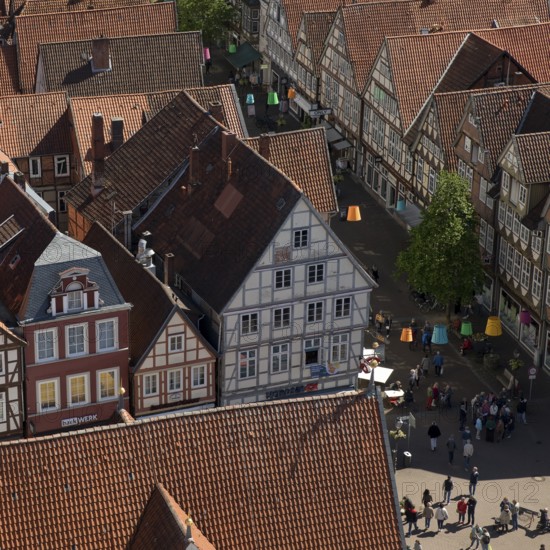 View from the town church tower over the roofs of the historic old town with its four hundred half-timbered houses, Celle, Lower Saxony, Germany