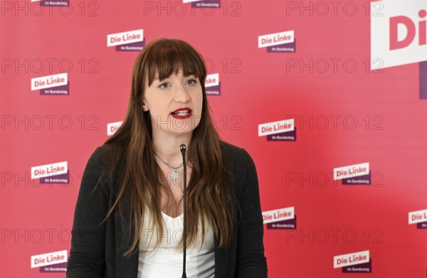 Heide Reichinnek and Sören Pellmann, leaders of the Left Party parliamentary group in the German Bundestag, at the weekly press statement in front of the parliamentary group meeting room in the Reichstag building