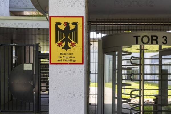Federal Office for Migration and Refugees (BAMF) . Sign with federal eagle. Competent authority for asylum procedures in Germany. Karlsruhe, Baden-Württemberg, Germany