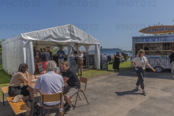 Waterkant Festival 25 in front of Kiel Week 2025 on the MGF 5 site on the Kiel Fjord, annual meeting place for founders of start-up companies with innovative ideas for new technologies, ecology and society, workshops and exhibitions, cruise ship Amadea, Kiel Holtenau, Schleswig-Holstein, Germany