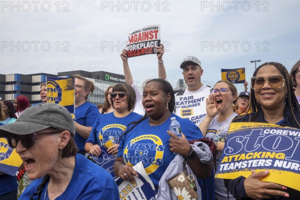 Southfield, Michigan - Nurses rally outside Corewell Health during their fight for a union contract. Corewell is the largest healthcare system in Michigan. Its 10, 000 nurses voted to join the Teamsters in late 2024 and are fighting for their first contract