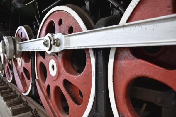 Driving wheels of the express train, steam locomotive P36 123 in the Prora Museum, Mecklenburg-Vorpommern, Germany