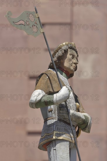 Sculpture of St George with lance, St George's Fountain, dragon slayer, detail, market fountain, market square, Ettlingen, Black Forest, Northern Black Forest, Baden-Württemberg, Germany