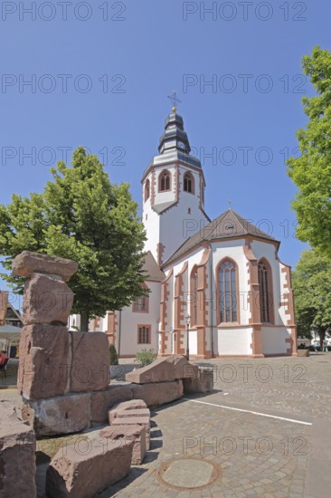 Romanesque St Martin's Church and Romanesque Fountain, Kirchplatz, Ettlingen, Black Forest, Northern Black Forest, Baden-Württemberg, Germany