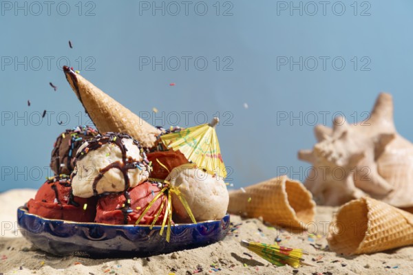 Various flavours of ice cream with chocolate sauce, crumble and parasol on sand with shells