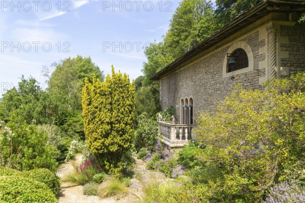 The Cloisters building, Italianate gardens designed by Harold Ainsworth Peto, Iford Manor, Wiltshire, England, UK